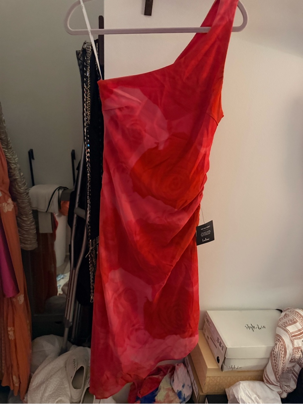 Red One-Shoulder Floral Slip Dress
